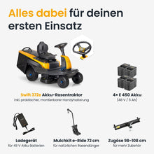 Laden Sie das Bild in den Galerie-Viewer, Stiga Akku-Aufsitzmäher Swift 372e mit 4 x 5 Ah Akkus und 1 x Ladegerät